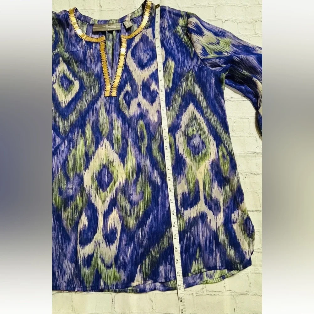 Chicos 2 Travelers Size Large Semi Sheer Blouse Purple 3/4 Sleeve Gold Trim Top - Picture 7 of 10